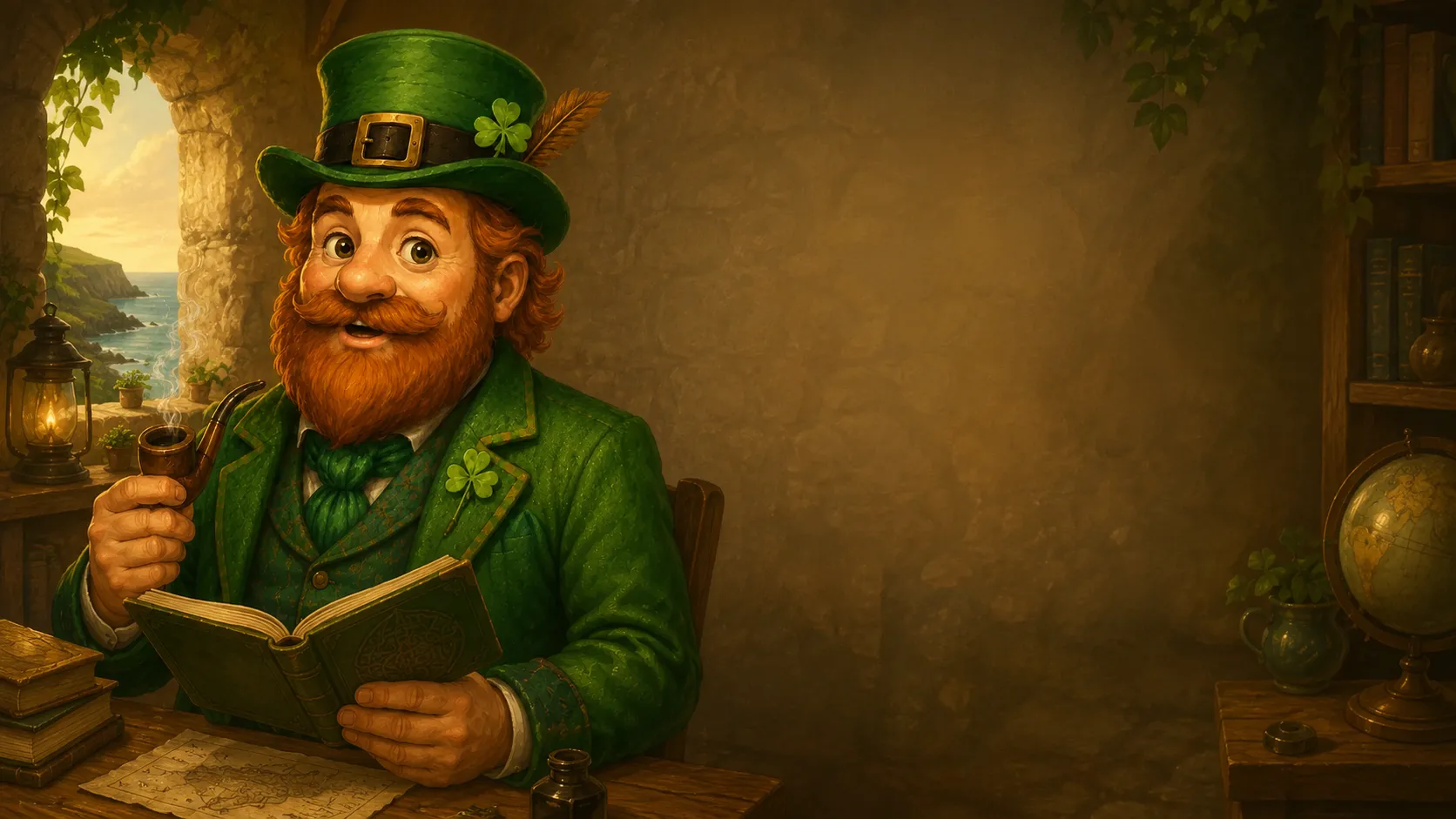 Sean O’Cleary in a warm literary setting inspired by Irish coast and fireside storytelling